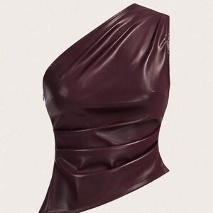 One-Shoulder Burgundy Faux Leather Top